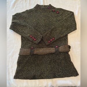 Vintage Holiday Sweater, Small With Front Tie. Korean Brand Cack. Gold Sparkle.